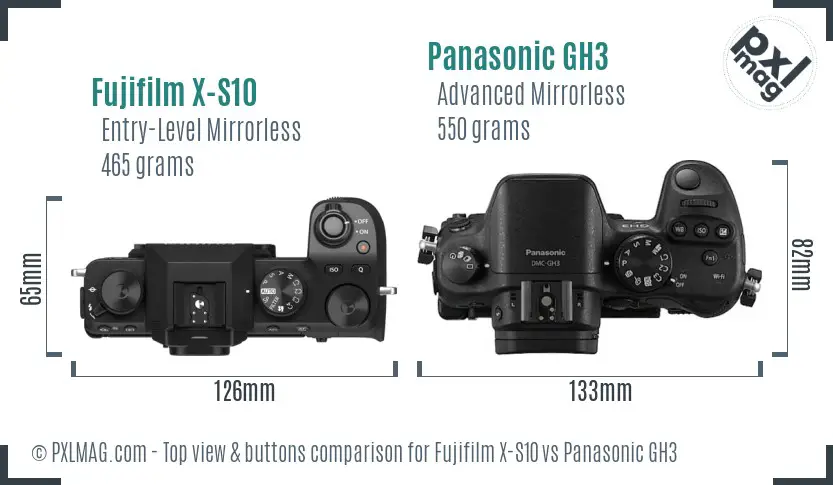 Fujifilm X-S10 vs Panasonic GH3 top view buttons comparison