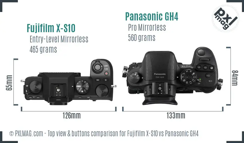 Fujifilm X-S10 vs Panasonic GH4 top view buttons comparison