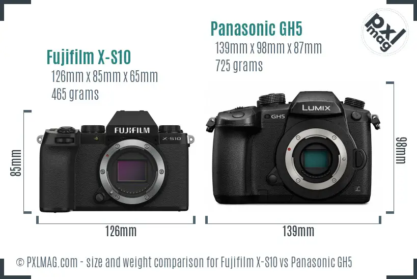 Fujifilm X-S10 vs Panasonic GH5 size comparison