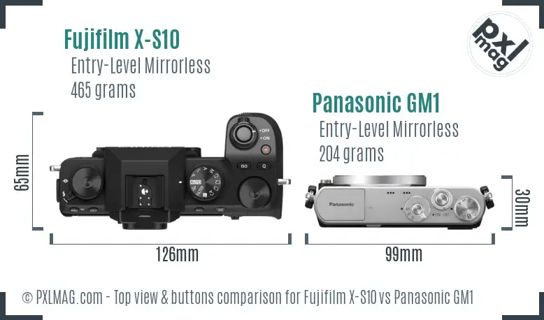 Fujifilm X-S10 vs Panasonic GM1 top view buttons comparison