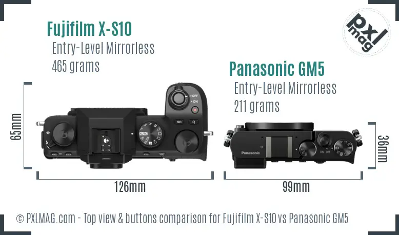 Fujifilm X-S10 vs Panasonic GM5 top view buttons comparison
