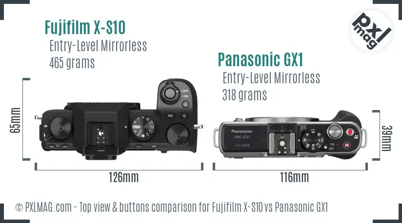 Fujifilm X-S10 vs Panasonic GX1 top view buttons comparison