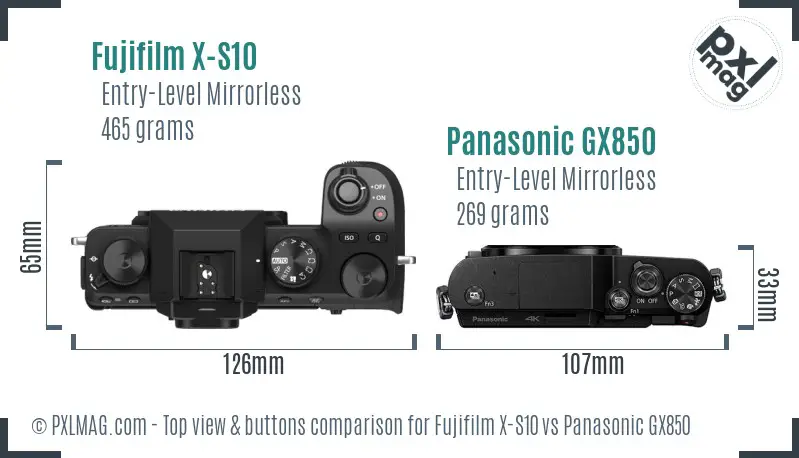 Fujifilm X-S10 vs Panasonic GX850 top view buttons comparison