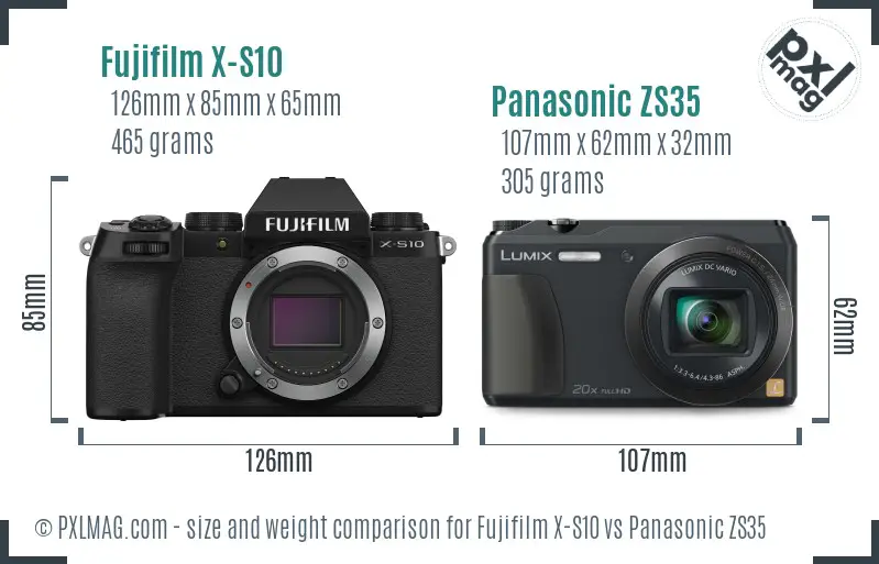 Fujifilm X-S10 vs Panasonic ZS35 size comparison