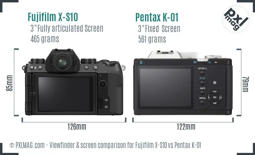 Fujifilm X-S10 vs Pentax K-01 Screen and Viewfinder comparison