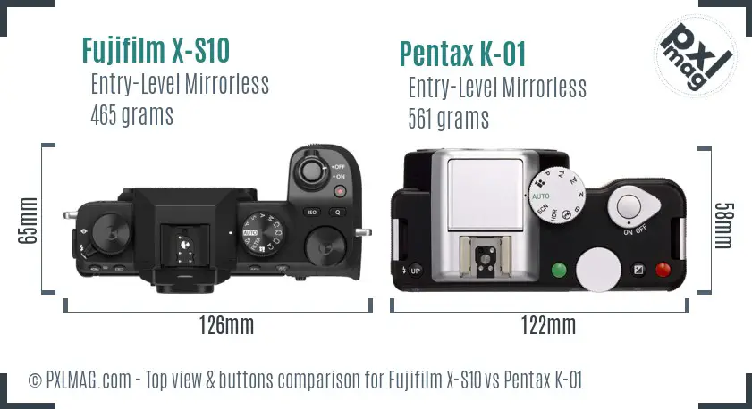 Fujifilm X-S10 vs Pentax K-01 top view buttons comparison