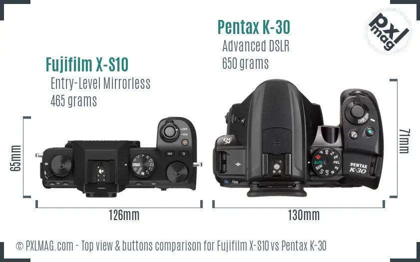 Fujifilm X-S10 vs Pentax K-30 top view buttons comparison