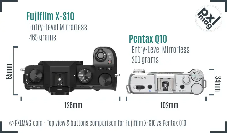 Fujifilm X-S10 vs Pentax Q10 top view buttons comparison