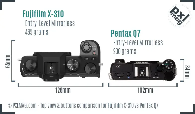 Fujifilm X-S10 vs Pentax Q7 top view buttons comparison
