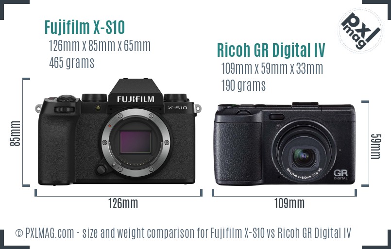 Fujifilm X-S10 vs Ricoh GR Digital IV size comparison