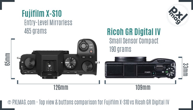 Fujifilm X-S10 vs Ricoh GR Digital IV top view buttons comparison