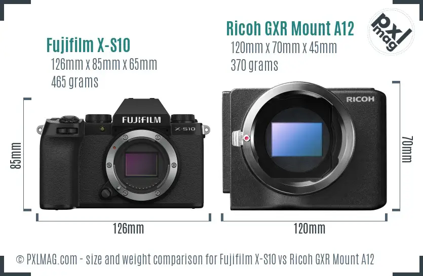 Fujifilm X-S10 vs Ricoh GXR Mount A12 size comparison
