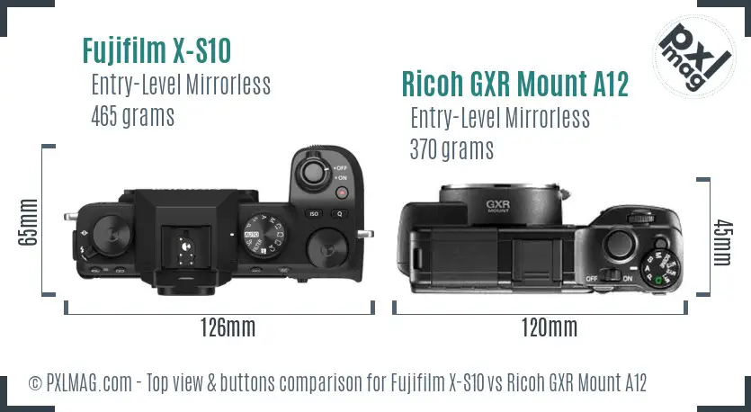 Fujifilm X-S10 vs Ricoh GXR Mount A12 top view buttons comparison