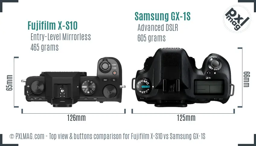 Fujifilm X-S10 vs Samsung GX-1S top view buttons comparison