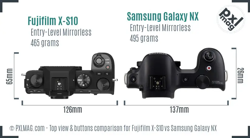 Fujifilm X-S10 vs Samsung Galaxy NX top view buttons comparison