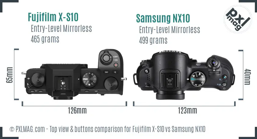 Fujifilm X-S10 vs Samsung NX10 top view buttons comparison