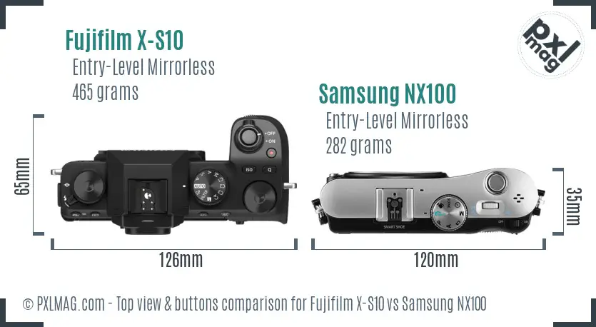 Fujifilm X-S10 vs Samsung NX100 top view buttons comparison