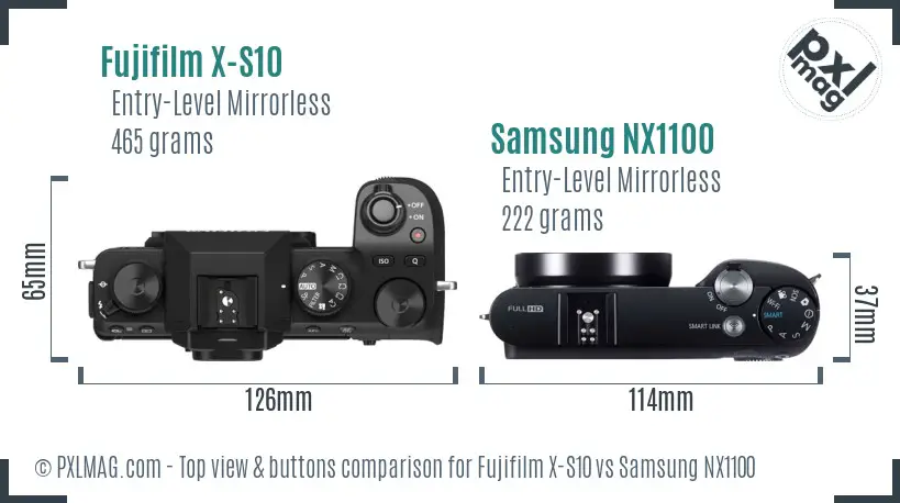 Fujifilm X-S10 vs Samsung NX1100 top view buttons comparison