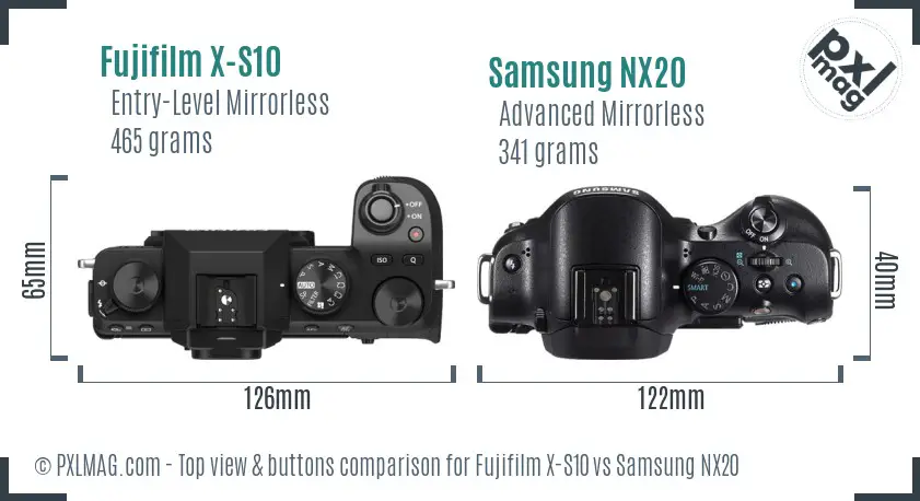 Fujifilm X-S10 vs Samsung NX20 top view buttons comparison