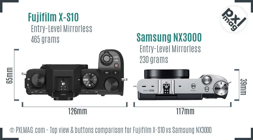 Fujifilm X-S10 vs Samsung NX3000 top view buttons comparison