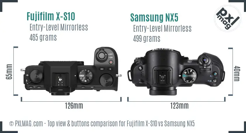 Fujifilm X-S10 vs Samsung NX5 top view buttons comparison