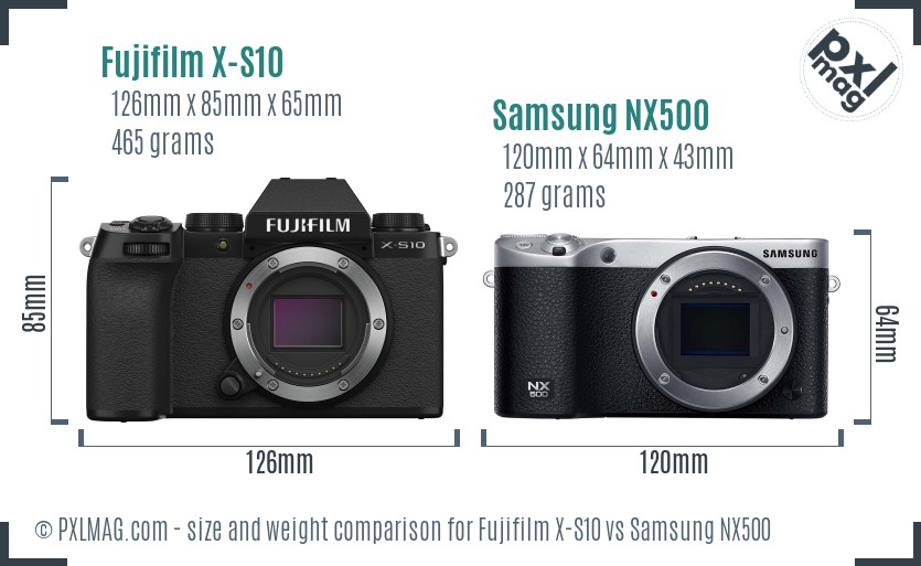 Fujifilm X-S10 vs Samsung NX500 size comparison Fujifilm X-S10 vs Samsung NX500 size comparison