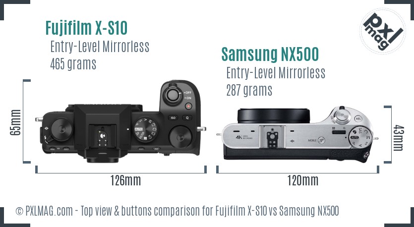 Fujifilm X-S10 vs Samsung NX500 top view buttons comparison