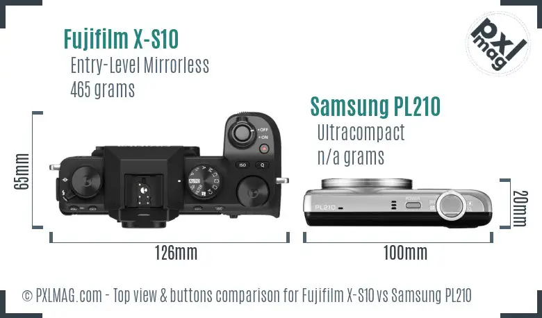 Fujifilm X-S10 vs Samsung PL210 top view buttons comparison Fujifilm X-S10 vs Samsung PL210 top view buttons comparison