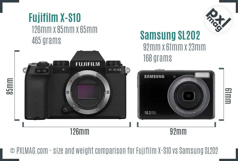 Fujifilm X-S10 vs Samsung SL202 size comparison