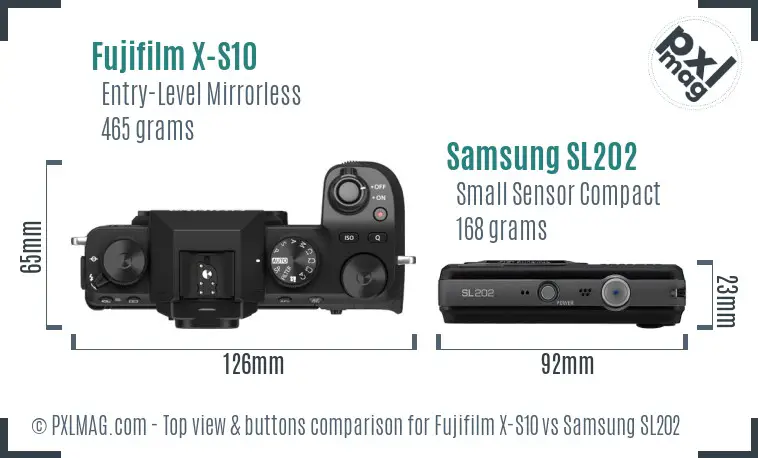 Fujifilm X-S10 vs Samsung SL202 top view buttons comparison