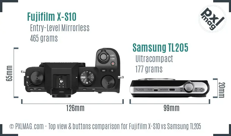 Fujifilm X-S10 vs Samsung TL205 top view buttons comparison