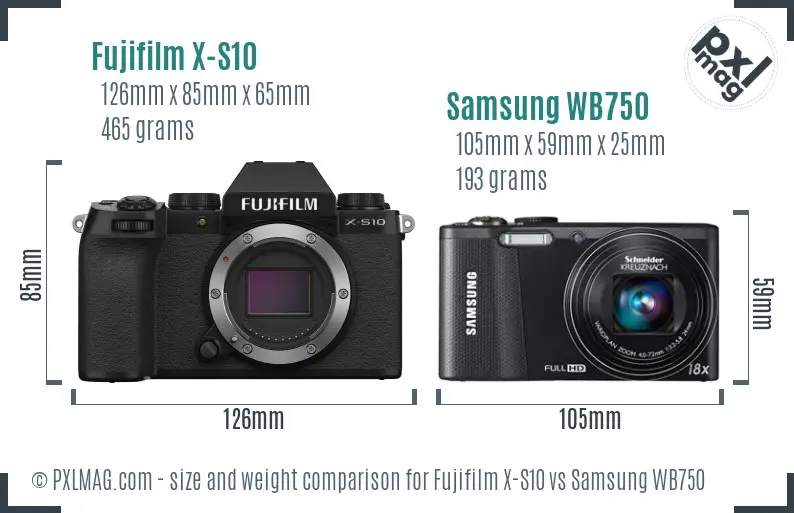 Fujifilm X-S10 vs Samsung WB750 size comparison