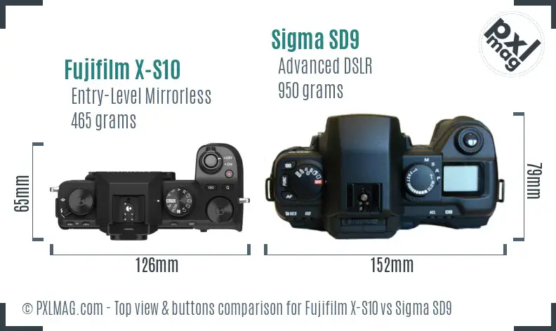Fujifilm X-S10 vs Sigma SD9 top view buttons comparison Fujifilm X-S10 vs Sigma SD9 top view buttons comparison