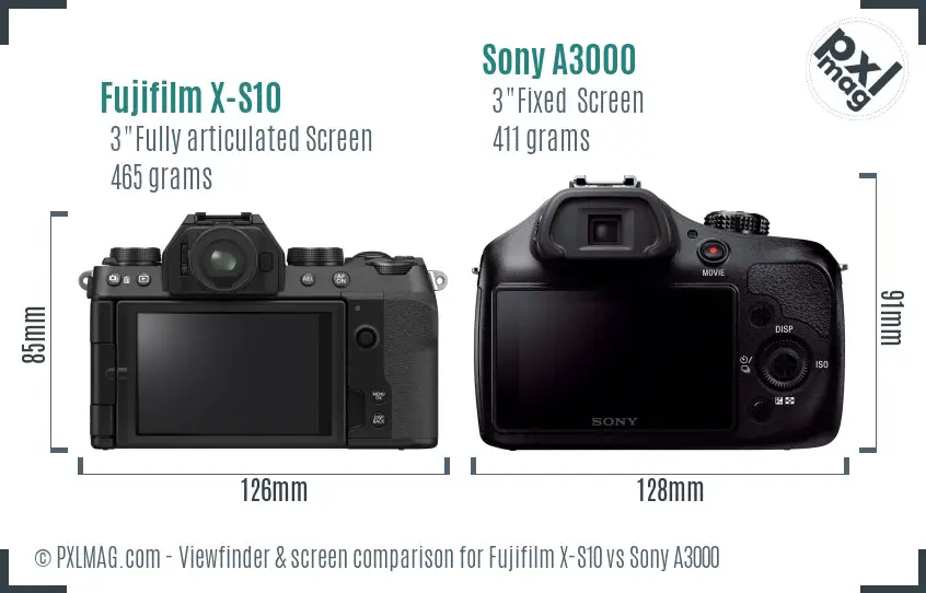 Fujifilm X-S10 vs Sony A3000 Screen and Viewfinder comparison