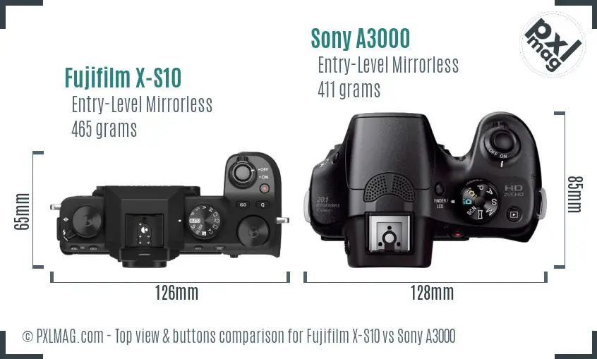 Fujifilm X-S10 vs Sony A3000 top view buttons comparison