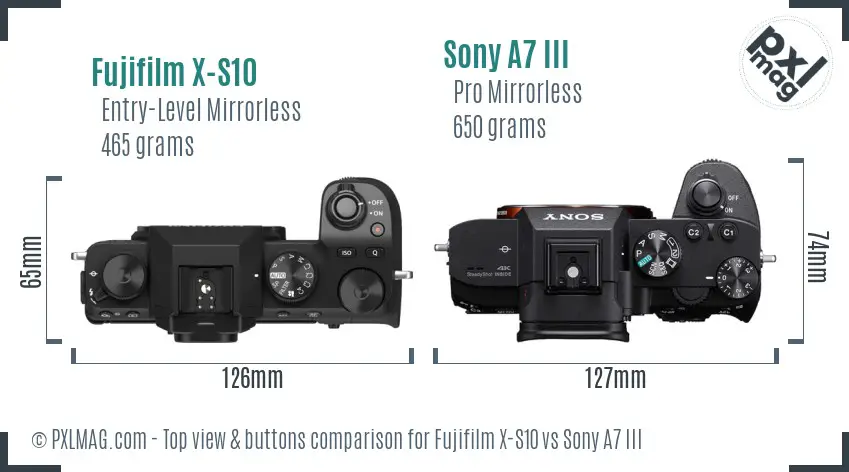 Fujifilm X-S10 vs Sony A7 III top view buttons comparison