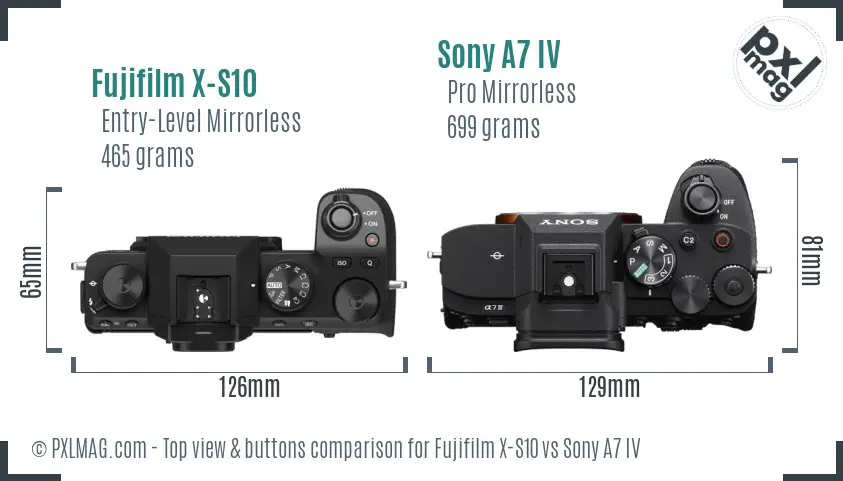 Fujifilm X-S10 vs Sony A7 IV top view buttons comparison Fujifilm X-S10 vs Sony A7 IV top view buttons comparison