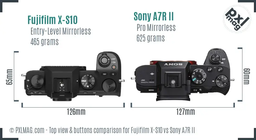 Fujifilm X-S10 vs Sony A7R II top view buttons comparison