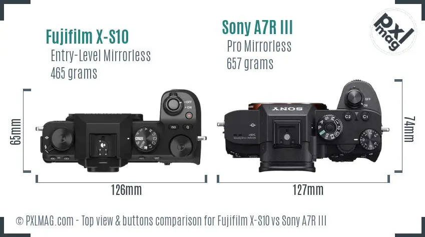 Fujifilm X-S10 vs Sony A7R III top view buttons comparison