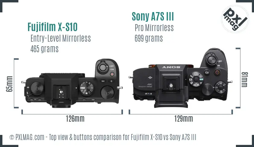 Fujifilm X-S10 vs Sony A7S III top view buttons comparison