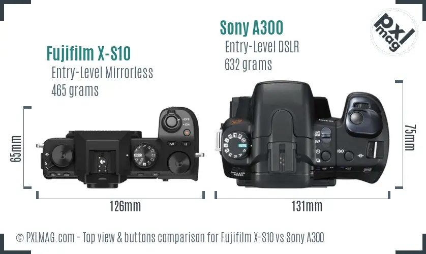 Fujifilm X-S10 vs Sony A300 top view buttons comparison