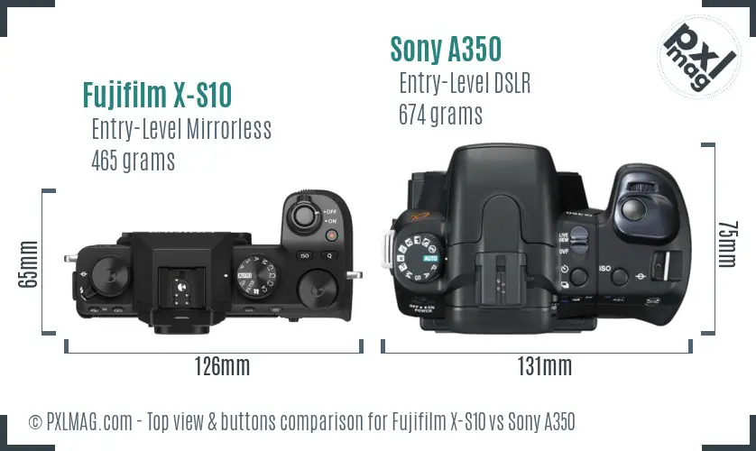 Fujifilm X-S10 vs Sony A350 top view buttons comparison