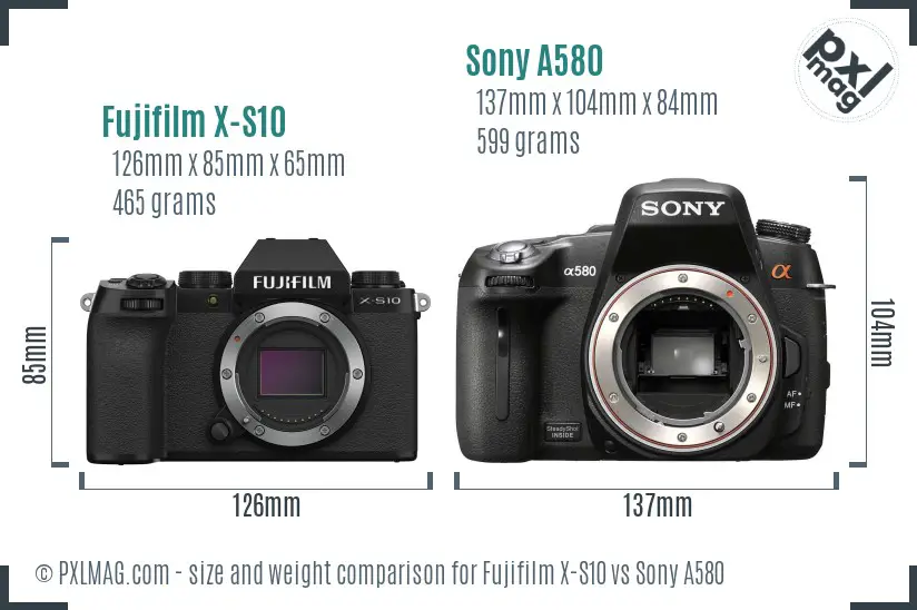 Fujifilm X-S10 vs Sony A580 size comparison