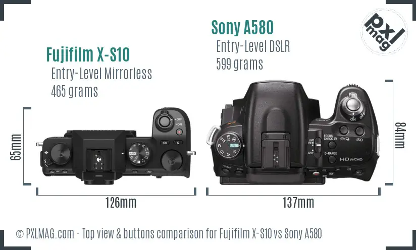 Fujifilm X-S10 vs Sony A580 top view buttons comparison