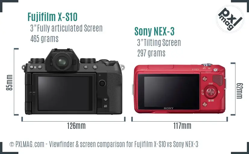Fujifilm X-S10 vs Sony NEX-3 Screen and Viewfinder comparison