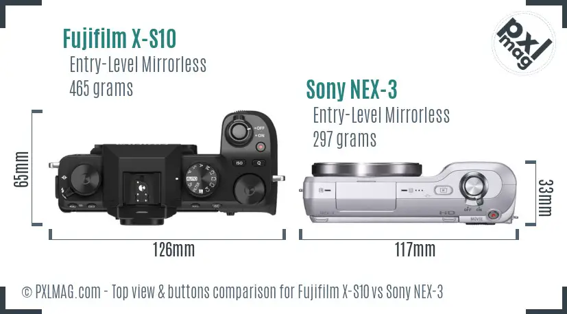 Fujifilm X-S10 vs Sony NEX-3 top view buttons comparison