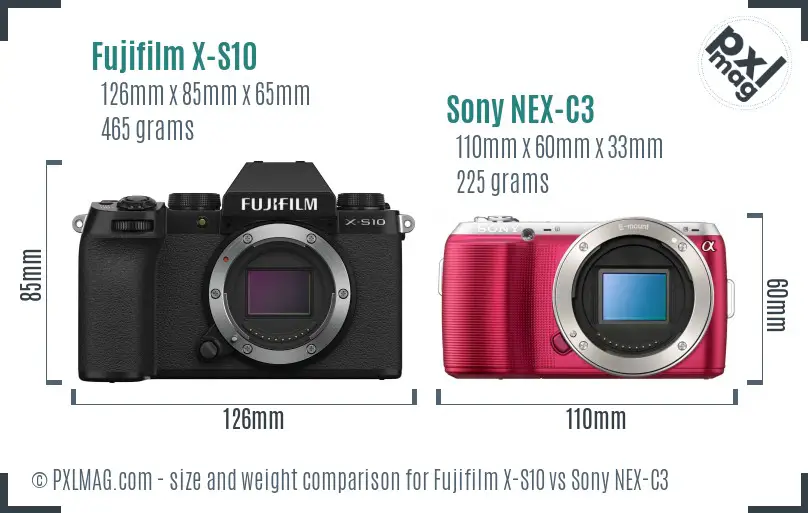 Fujifilm X-S10 vs Sony NEX-C3 size comparison