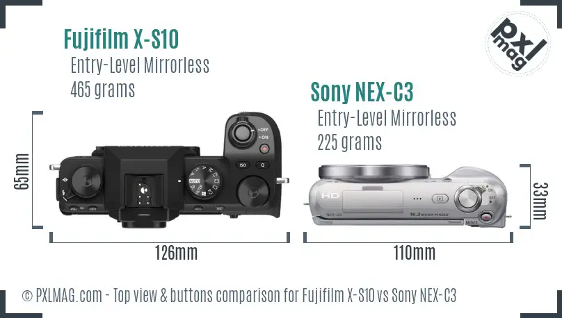 Fujifilm X-S10 vs Sony NEX-C3 top view buttons comparison