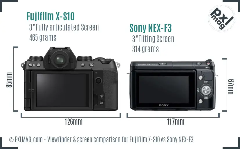 Fujifilm X-S10 vs Sony NEX-F3 Screen and Viewfinder comparison