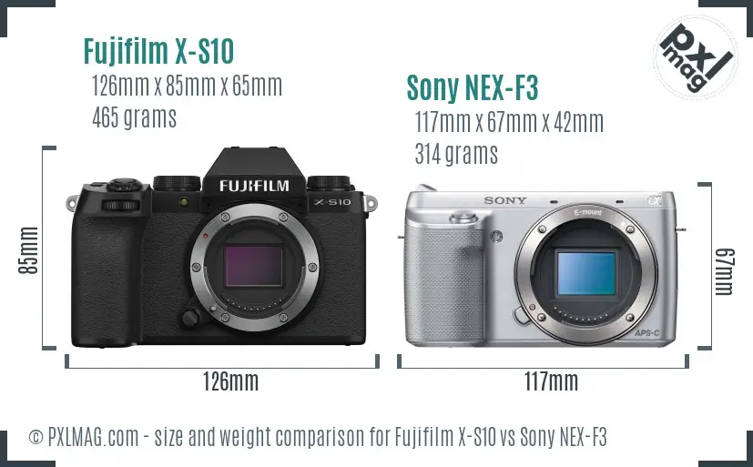Fujifilm X-S10 vs Sony NEX-F3 size comparison